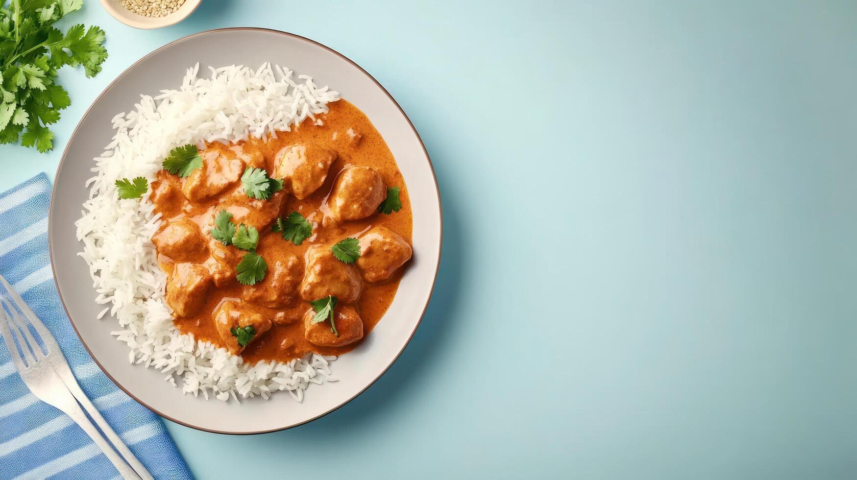 Overhead shot of tasty chicken curry with rice, cilantro and fork on a blue background. Food blog image photo