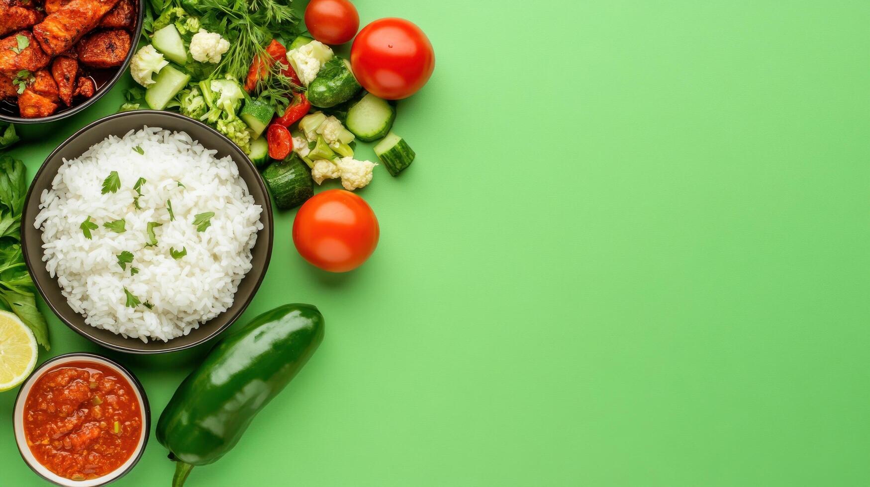 Overhead shot of Rice and colorful vegetables are arranged over a green background photo