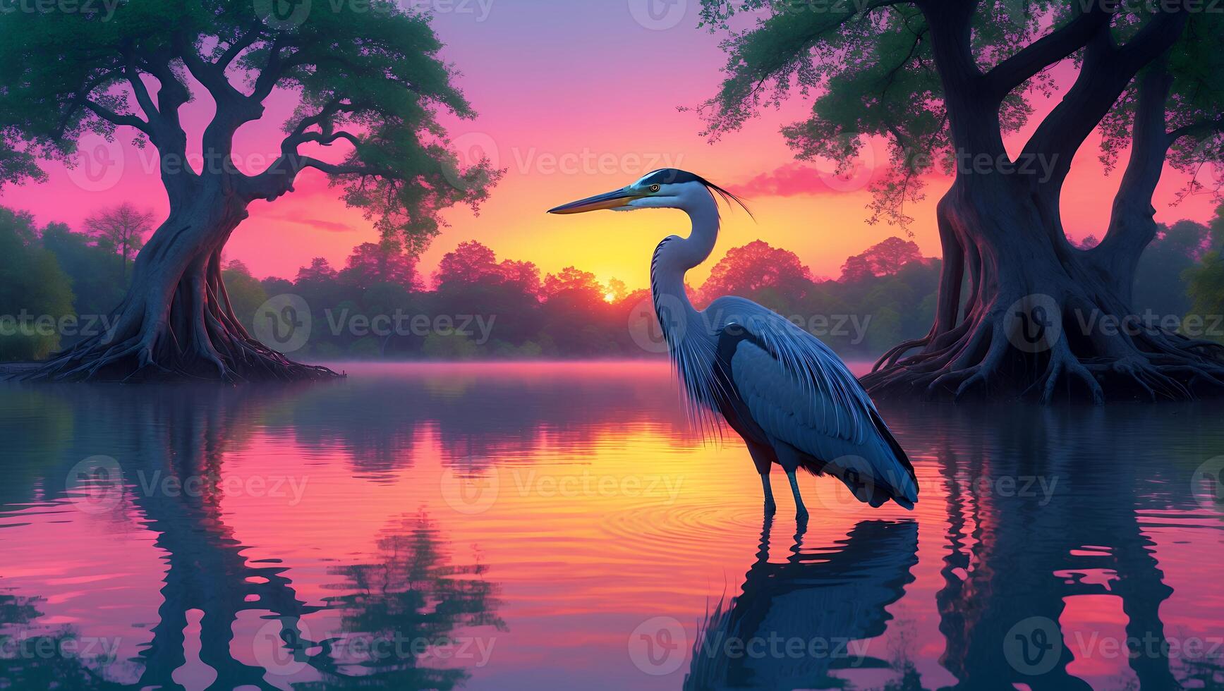 Heron Wading in Lake at Vibrant Sunset with Mirrored Reflection photo