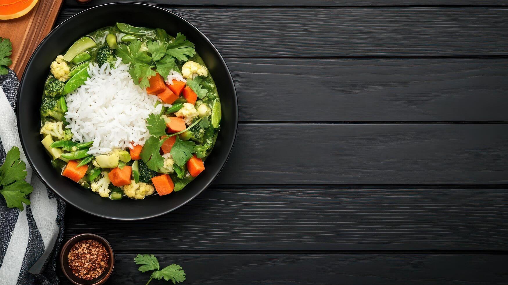 Overhead shot of veggie curry and rice in bowl on wood background with space for text for recipe blog photo
