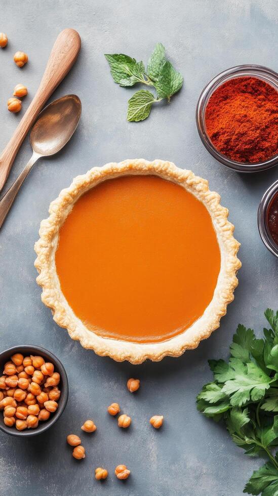Overhead view of a homemade custard pie with spices and herbs for food blog or restaurant photo