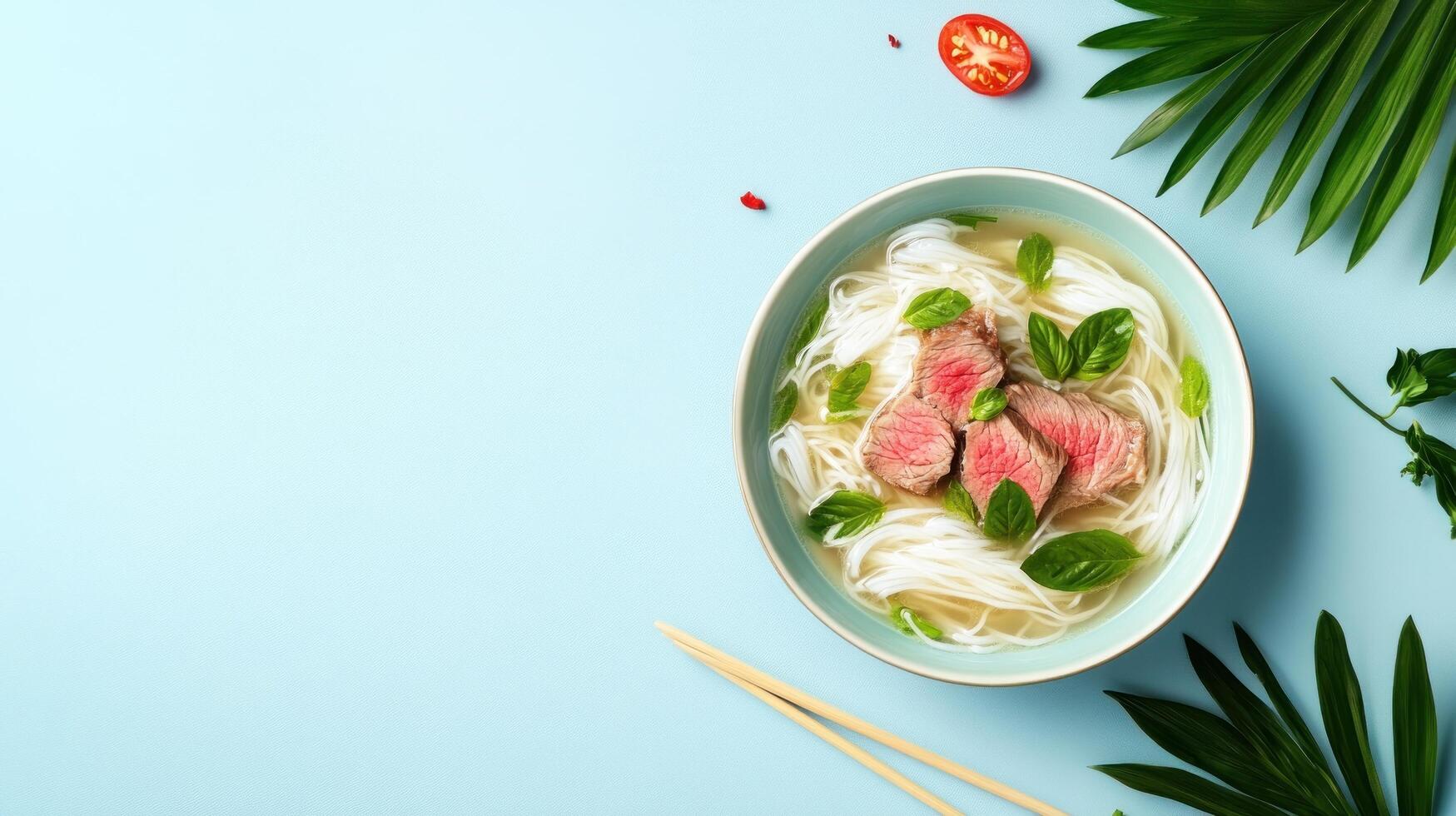 Overhead view of noodle soup with beef and basil with plant decoration. Food stock photo