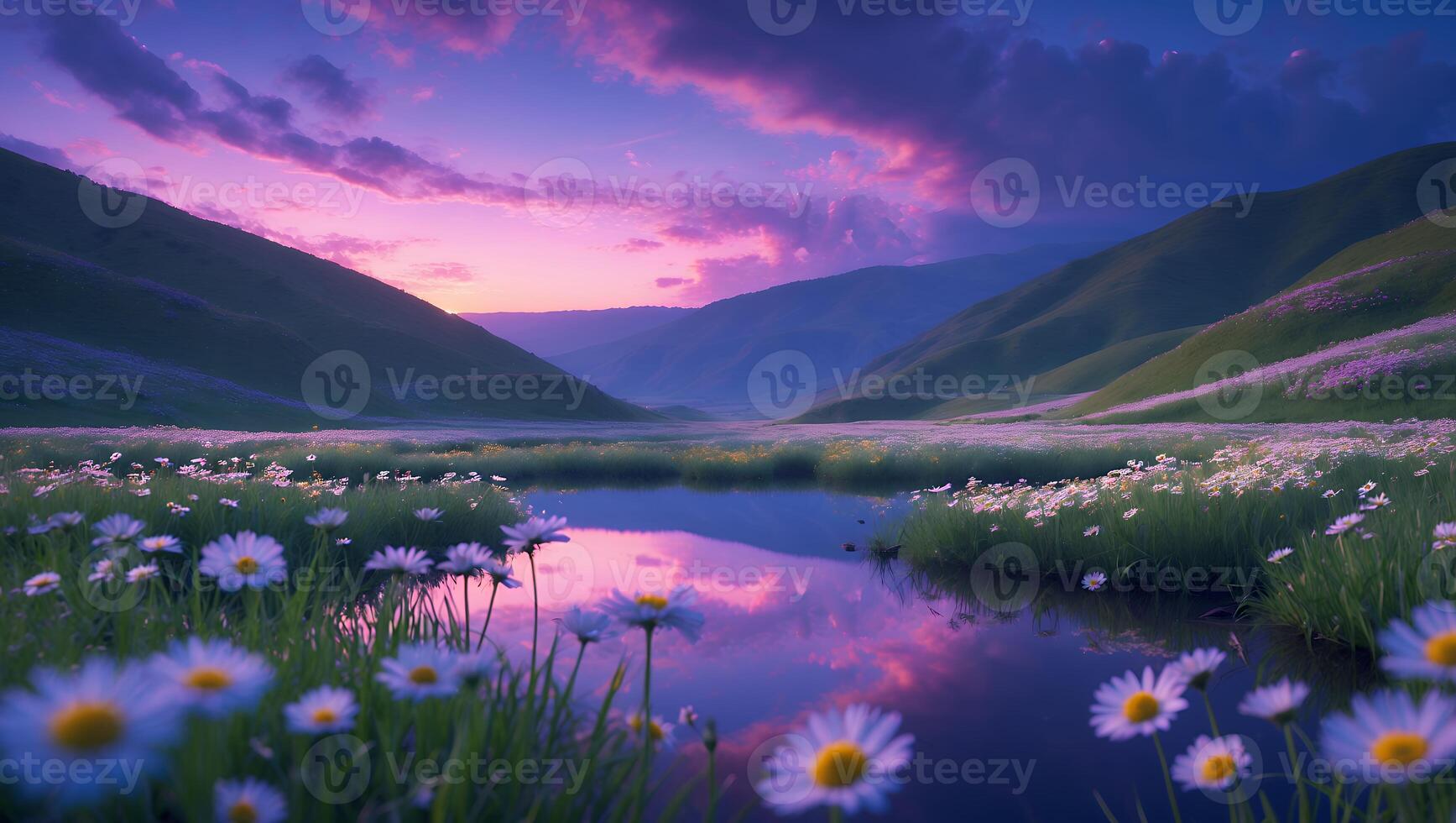 Daisies Field by Water Reflecting Sky at Sunset with Rolling Hills photo