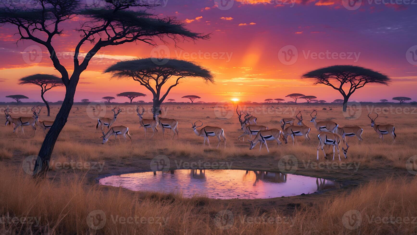 Gazelle Herd Grazing Near Watering Hole at Sunset on African Savanna photo