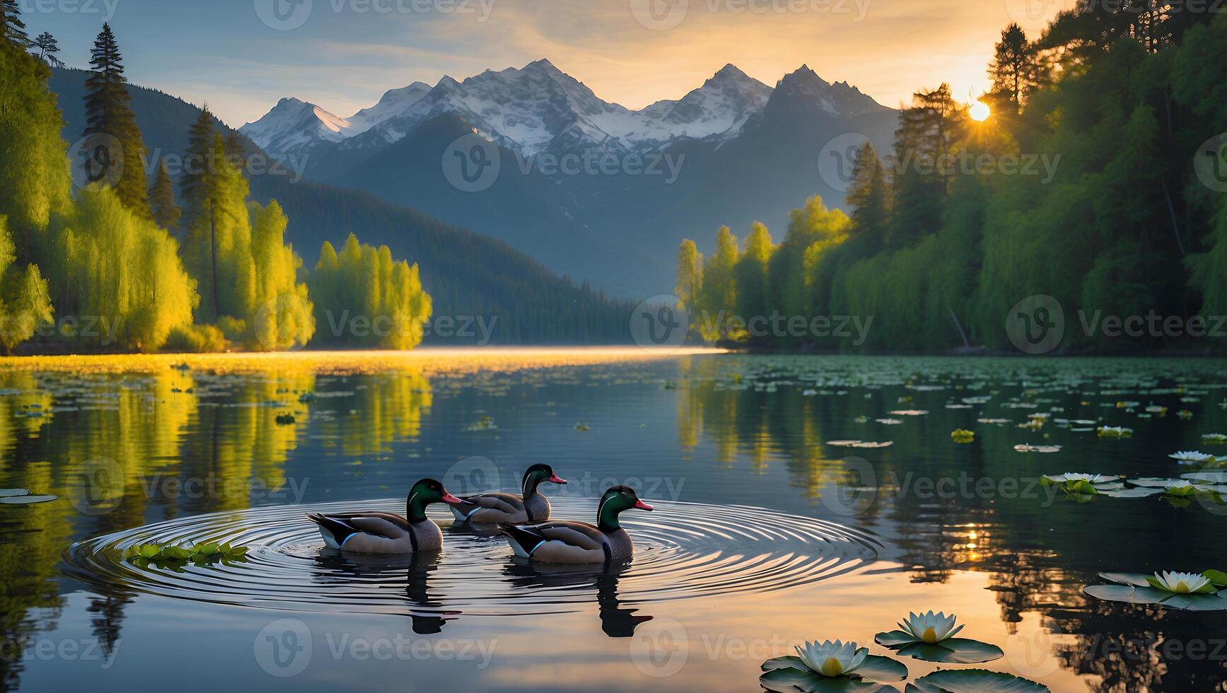 Ducks Swimming on Peaceful Mountain Lake with Lily Pads at Sunset photo