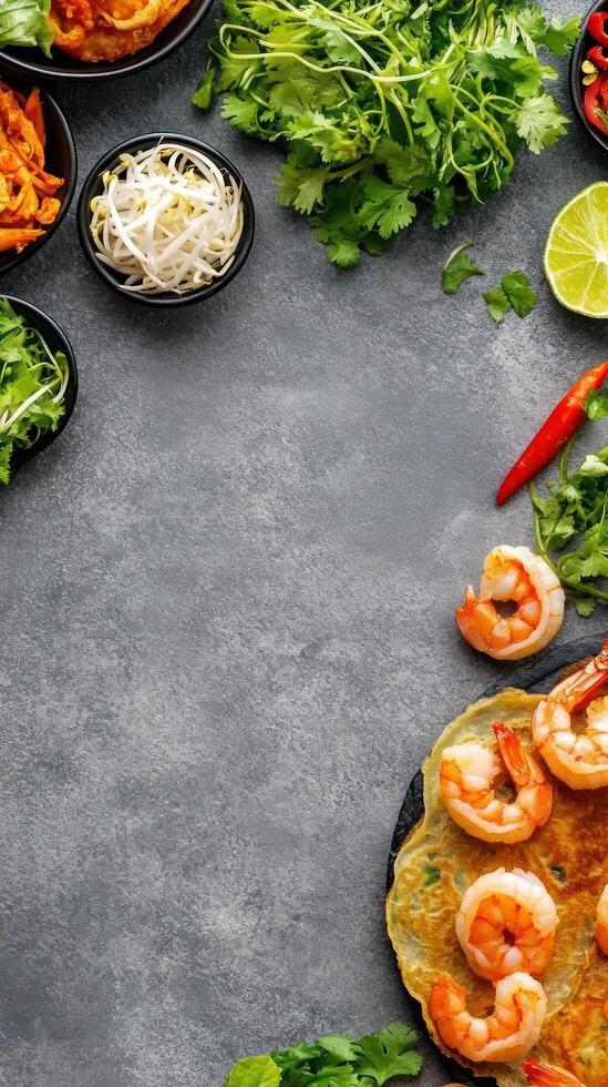 Pad Thai ingredients arranged on gray table. Preparation of delicious Thai cuisine photo