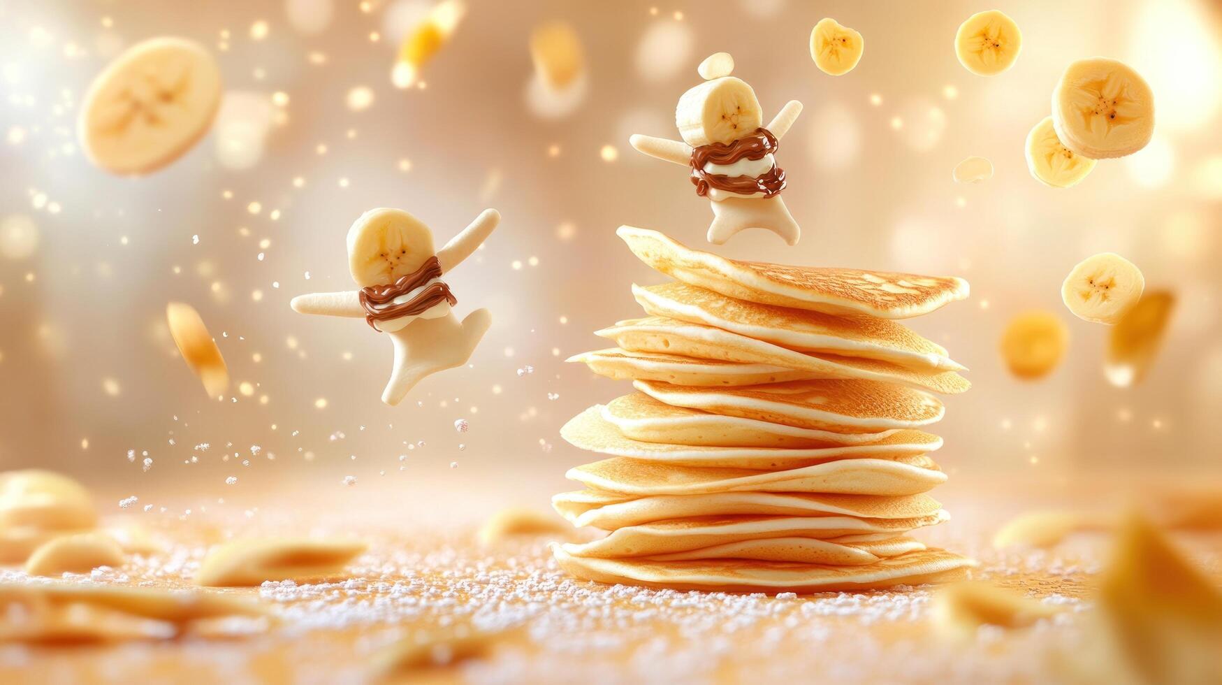 Pancake stack with floating banana figures, food concept, breakfast idea, advertising, banner photo
