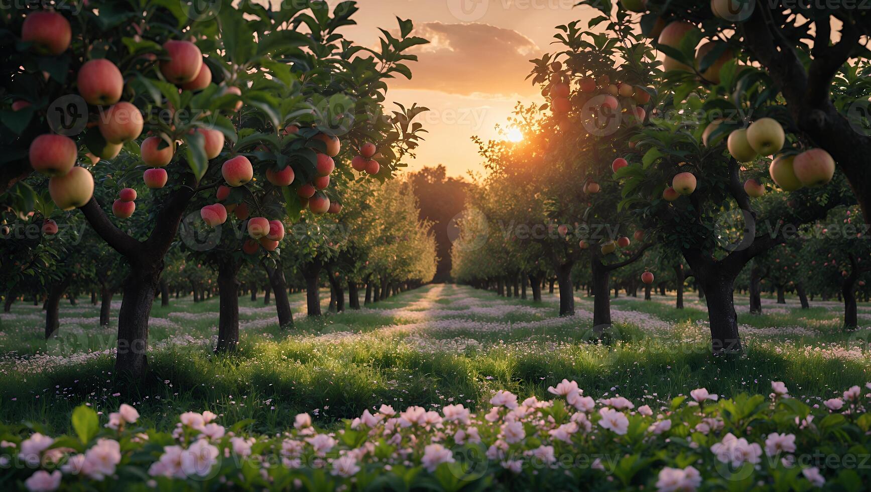 Walking Through Apple Orchard at Sunset with Wildflowers Blooming photo