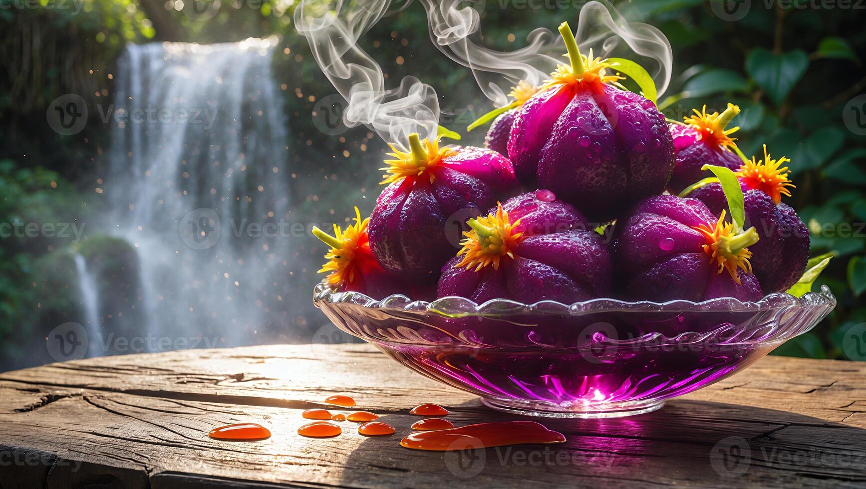 Purple Fruit Still Life with Waterfall Background on Rustic Table photo