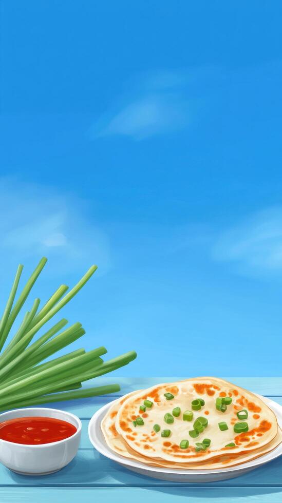 Pancake stack with sauce, green onions served outside on a blue table, with a blue sky background photo