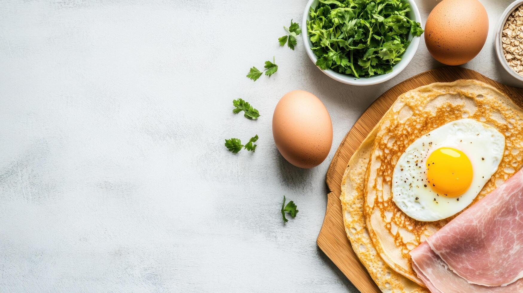 Pancakes, egg, and ham, with parsley background. Top view. Food blog or recipe concept photo