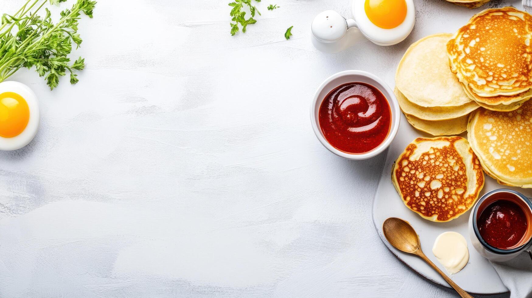 Pancakes, eggs, and sauce on a breakfast table, used for food blogs and menus photo