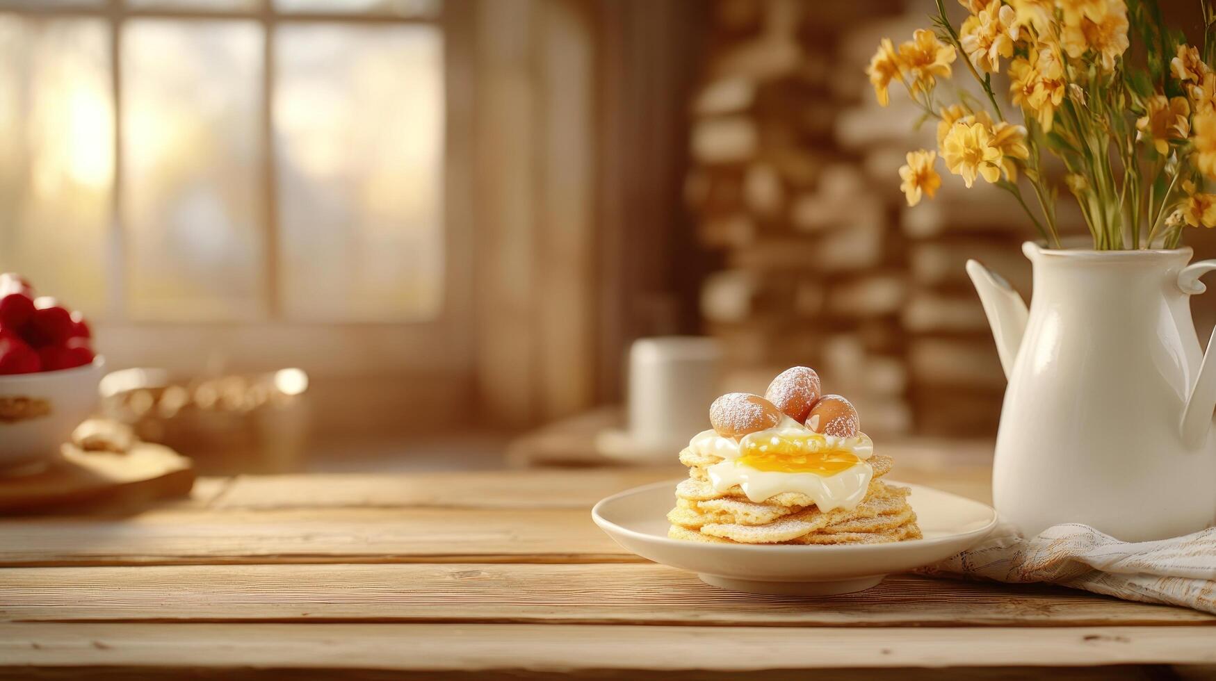 Pancakes on table, with flowers. Still life, rustic setting, sunny background. Food blog photo