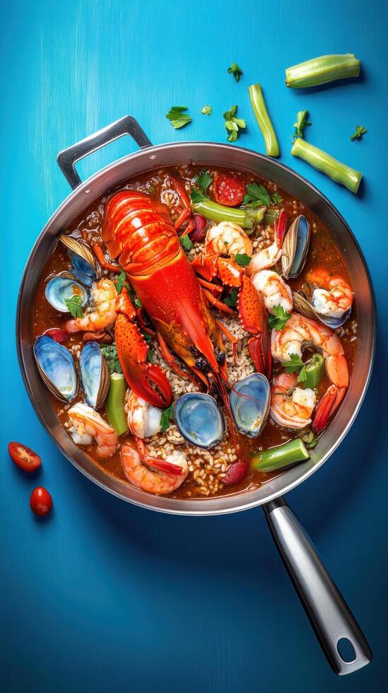 Paella with Lobster served in pan for dinner at home to be shared with seafood rice photo