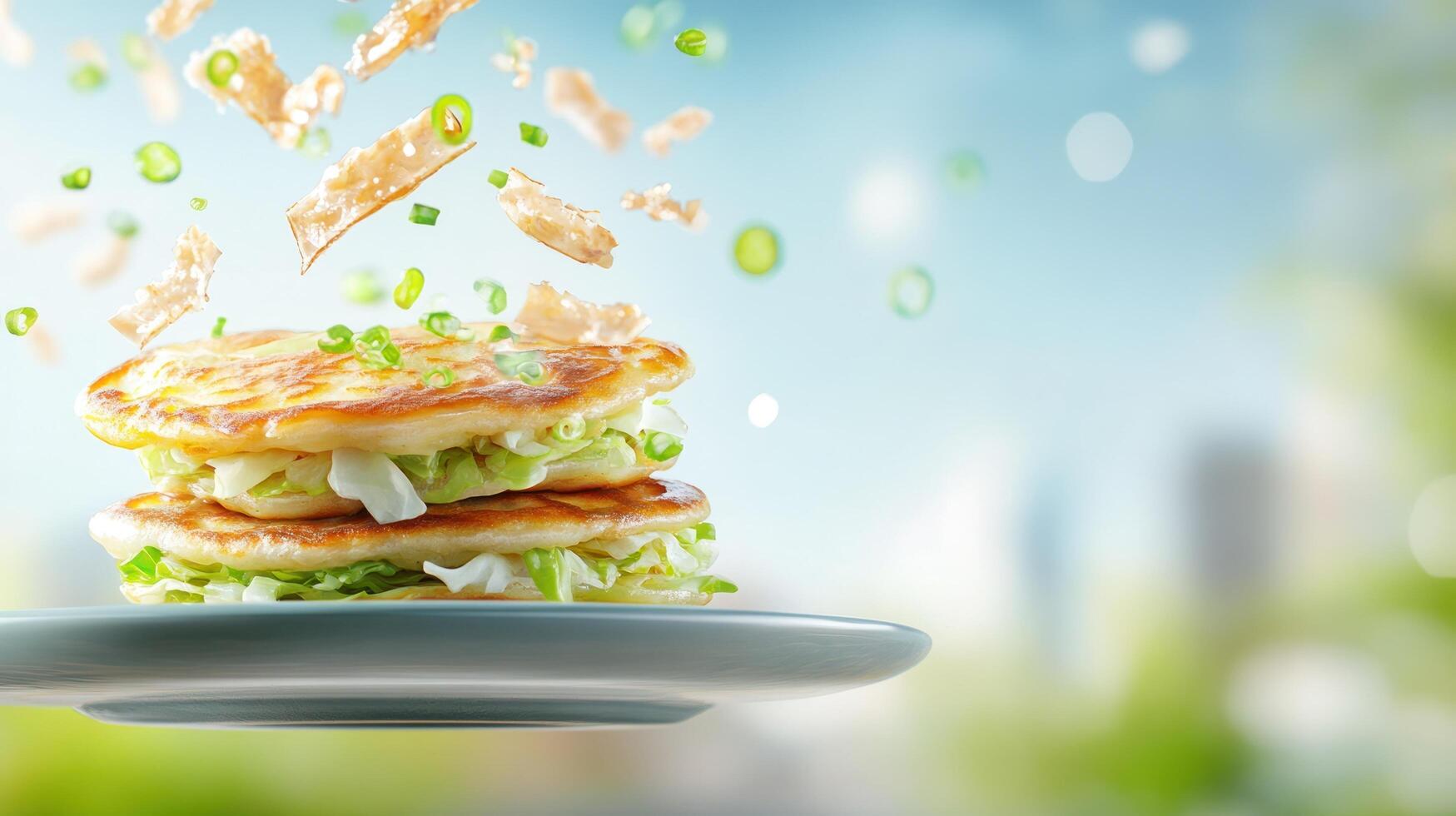 Pancakes stacked on a plate with toppings falling, outdoor bokeh background, for a food ad or recipe photo