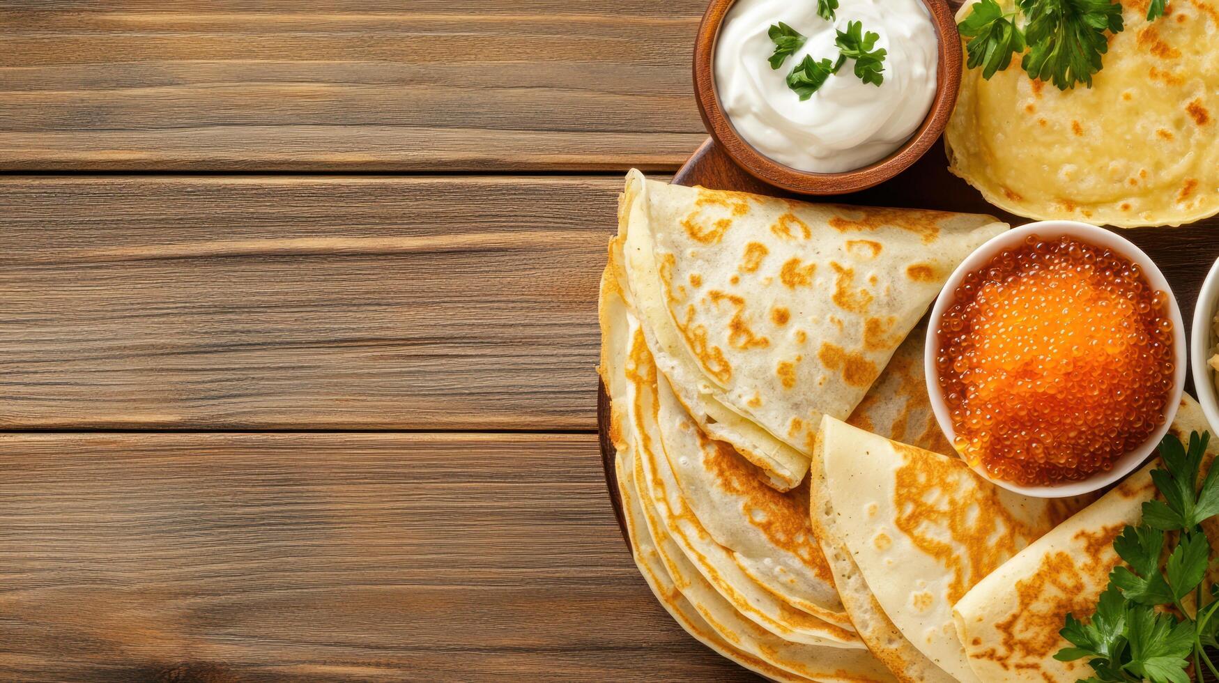 Pancakes served with caviar and sour cream on a wooden background for restaurant ads photo