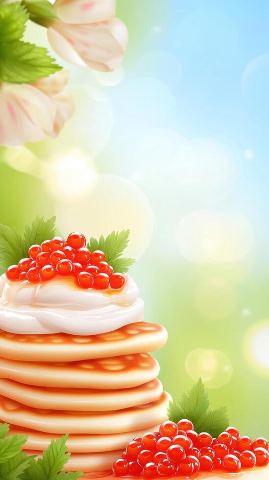 Pancakes topped with cream and red caviar, served with flowers in spring, for food blog post photo