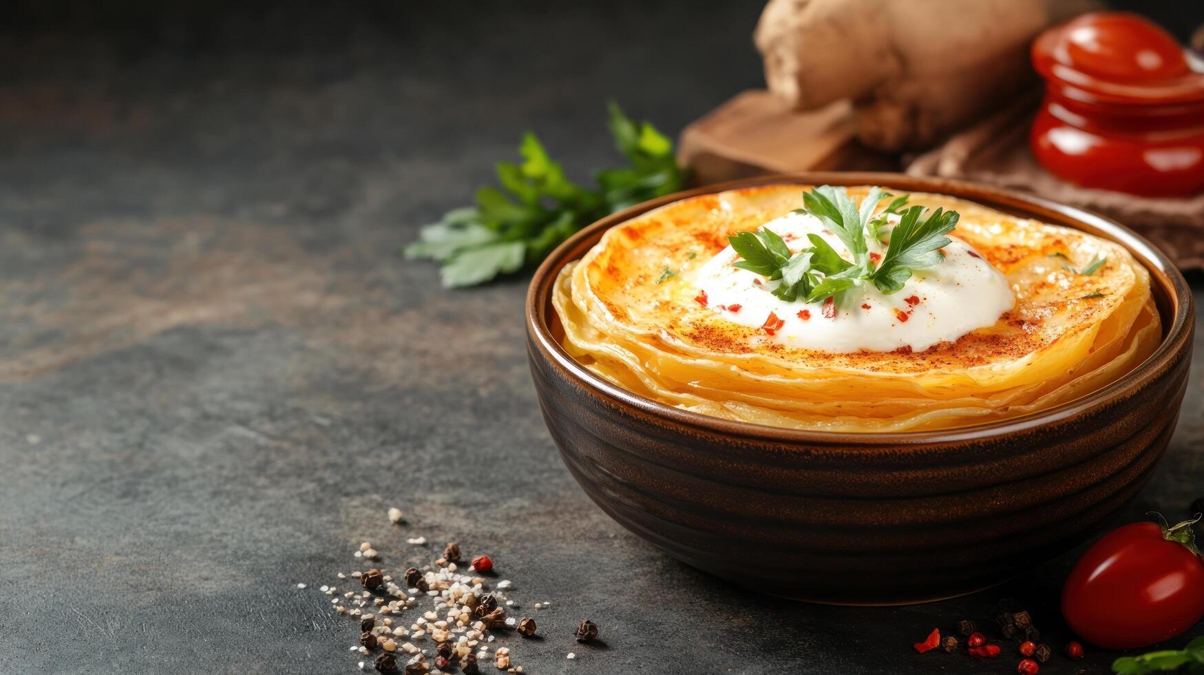 Pancakes topped with sour cream and parsley served in brown ceramic bowl on table, food photography photo