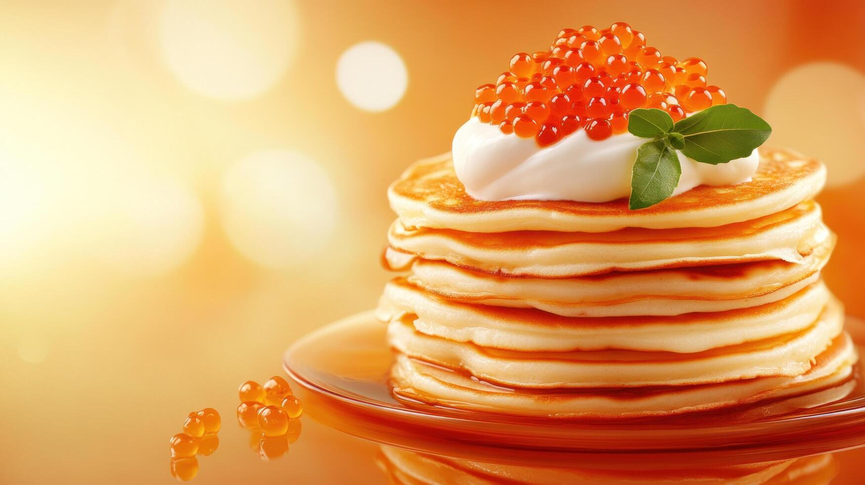 Pancakes topped with cream and caviar on a plate with bright bokeh background for a food presentation photo