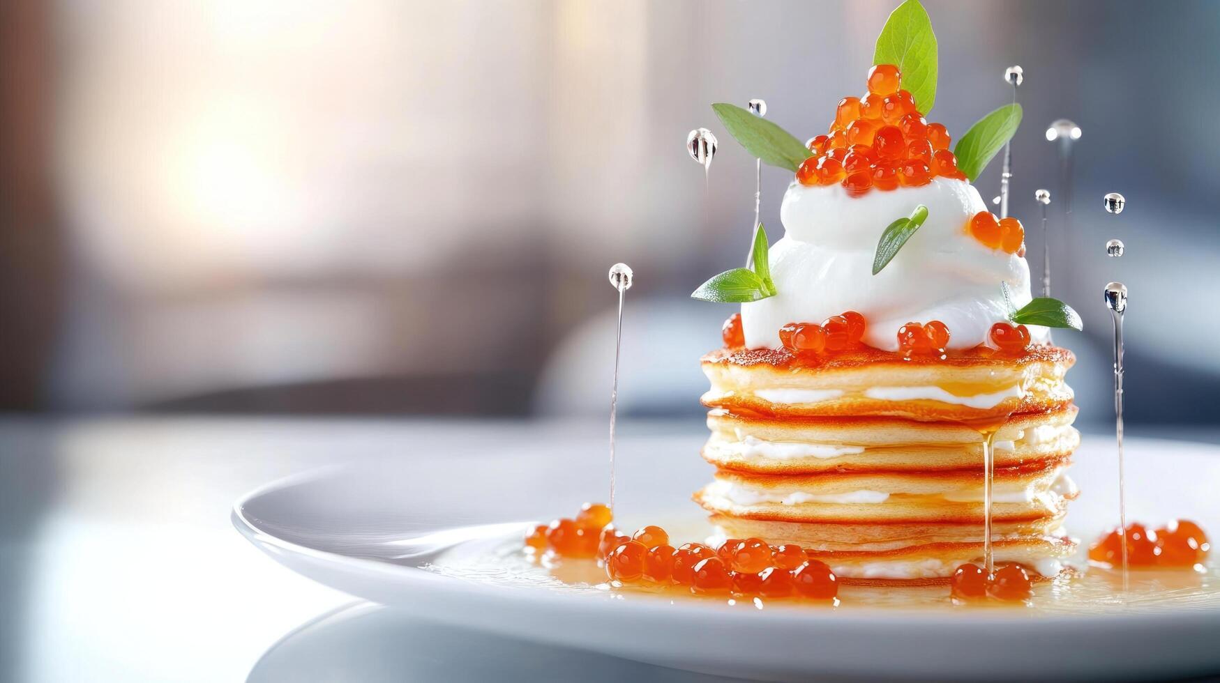 Pancakes topped with cream, red caviar and basil on a white plate, abstract background. Food use photo