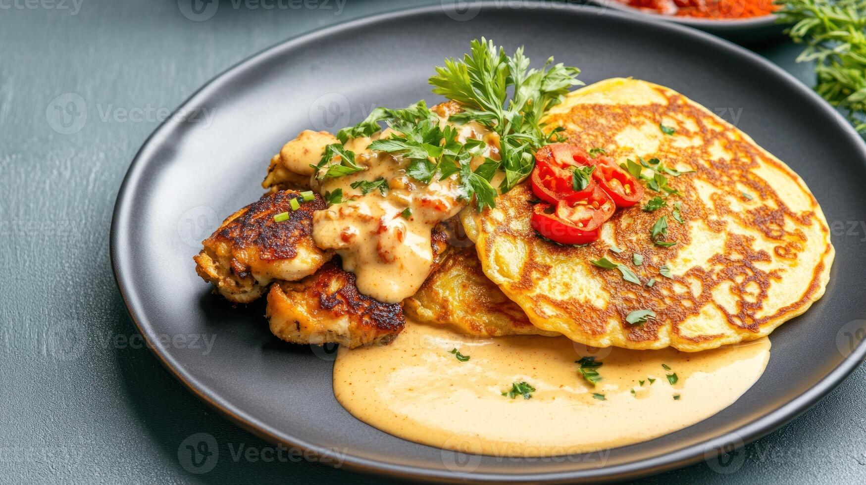 Pancakes with sauce and side dish being served on black plate with spices in background photo