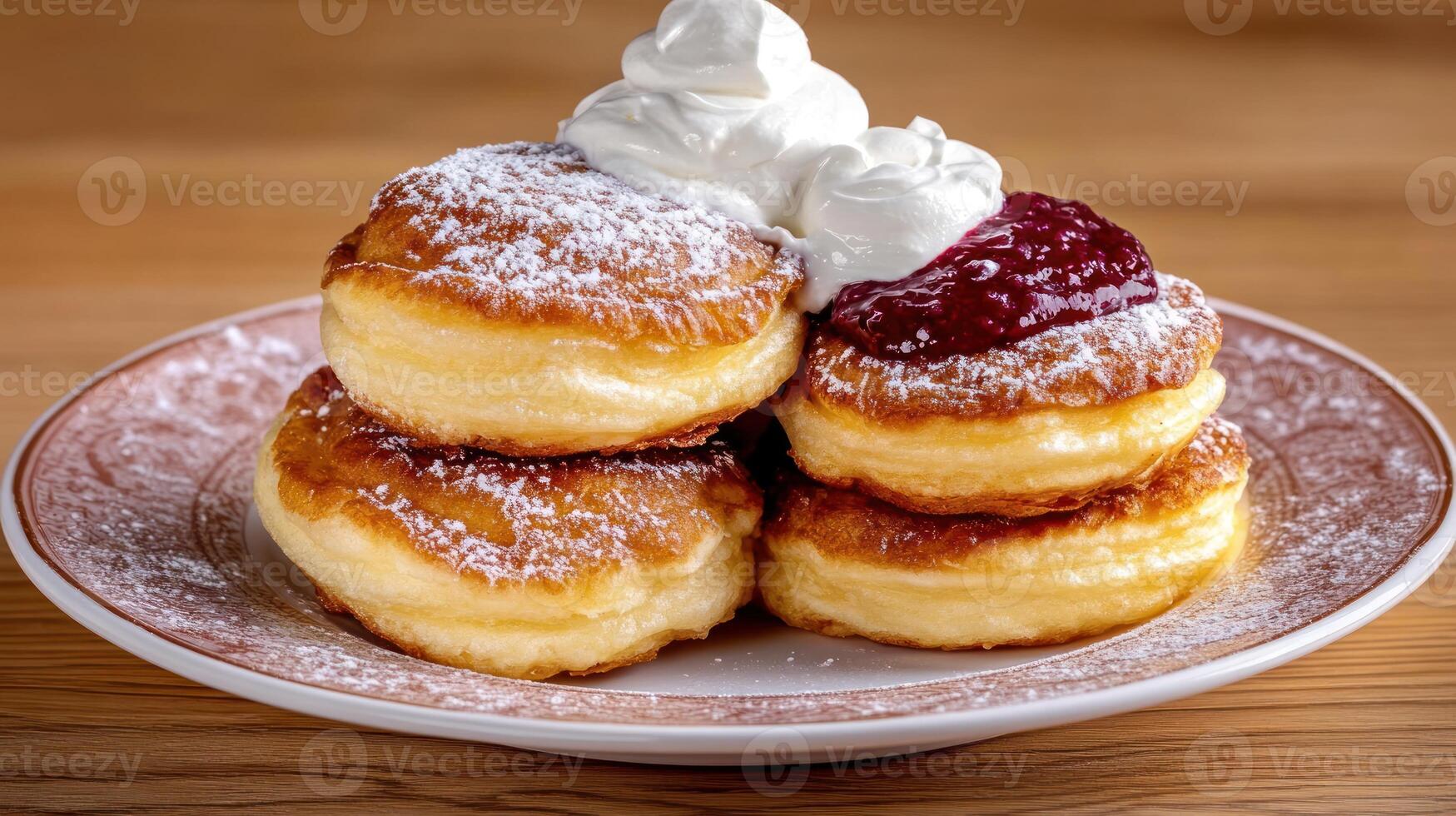 Pancakes with whipped cream and jam, dusted with powder sugar on wood table background photo