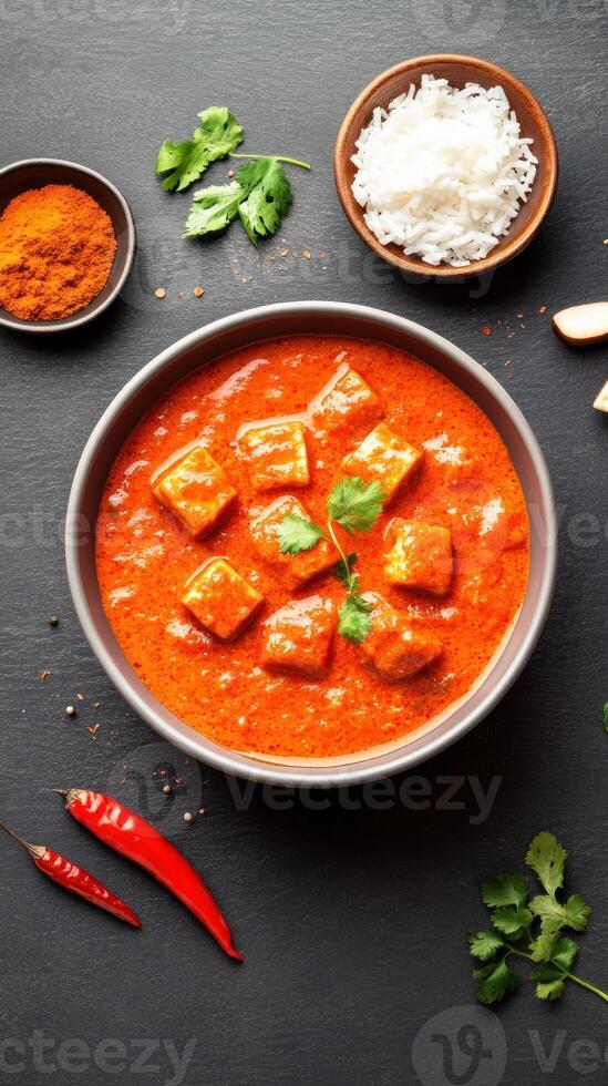Paneer butter masala dish served with rice and spice on a textured black background photo