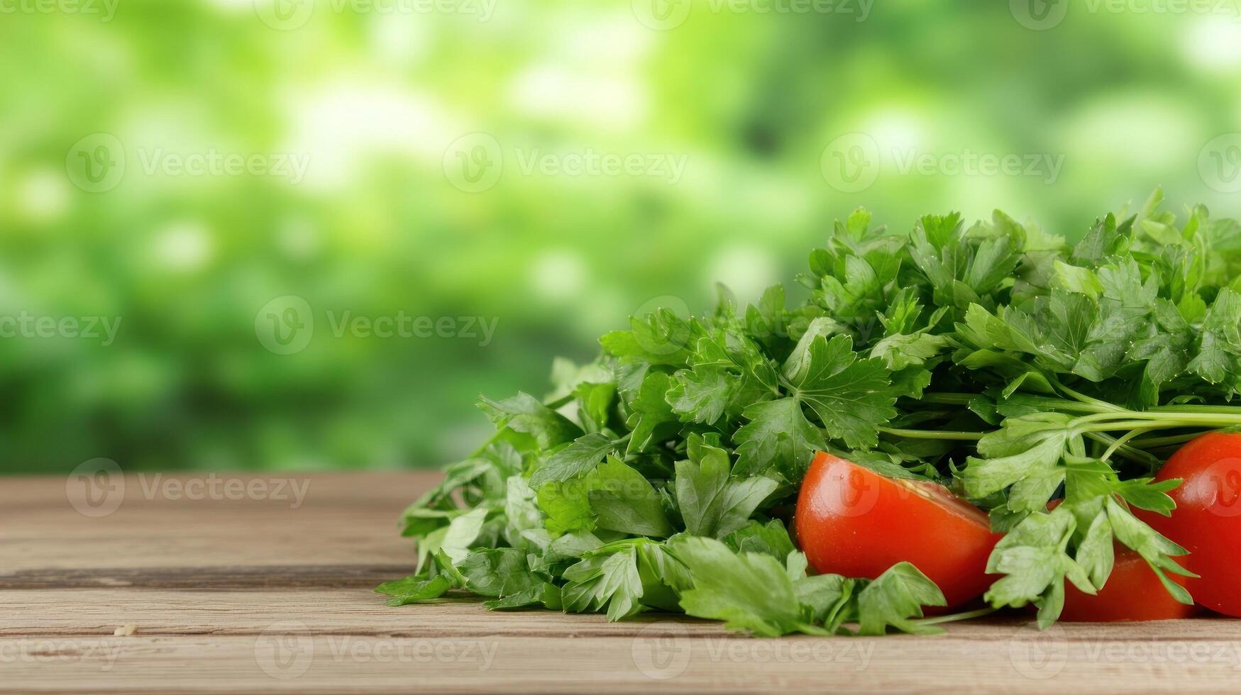 Parsley and tomatoes on wood table, blurred green background, recipe ingredient for food blog, healthy food photo