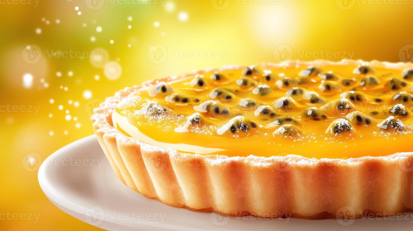 Passion fruit tart on a plate, against a bokeh background. For food blogs, menus, and presentations photo