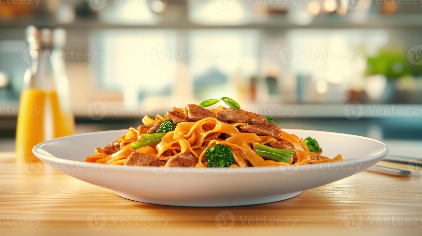 Pasta dish with meat and broccoli. Table setting in a bright kitchen advertising food blog photo