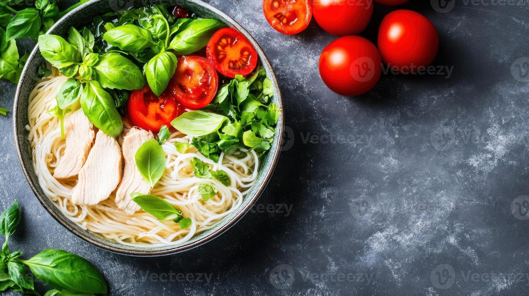 Pasta, chicken, and basil in bowl on table with tomatoes. Fresh, healthy meal for recipes photo