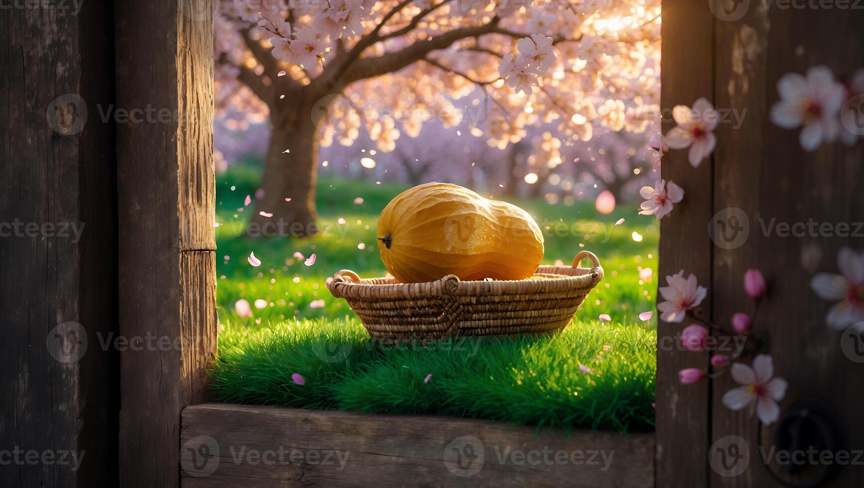Gourd in Basket Among Blossoms on Grass in Golden Light photo