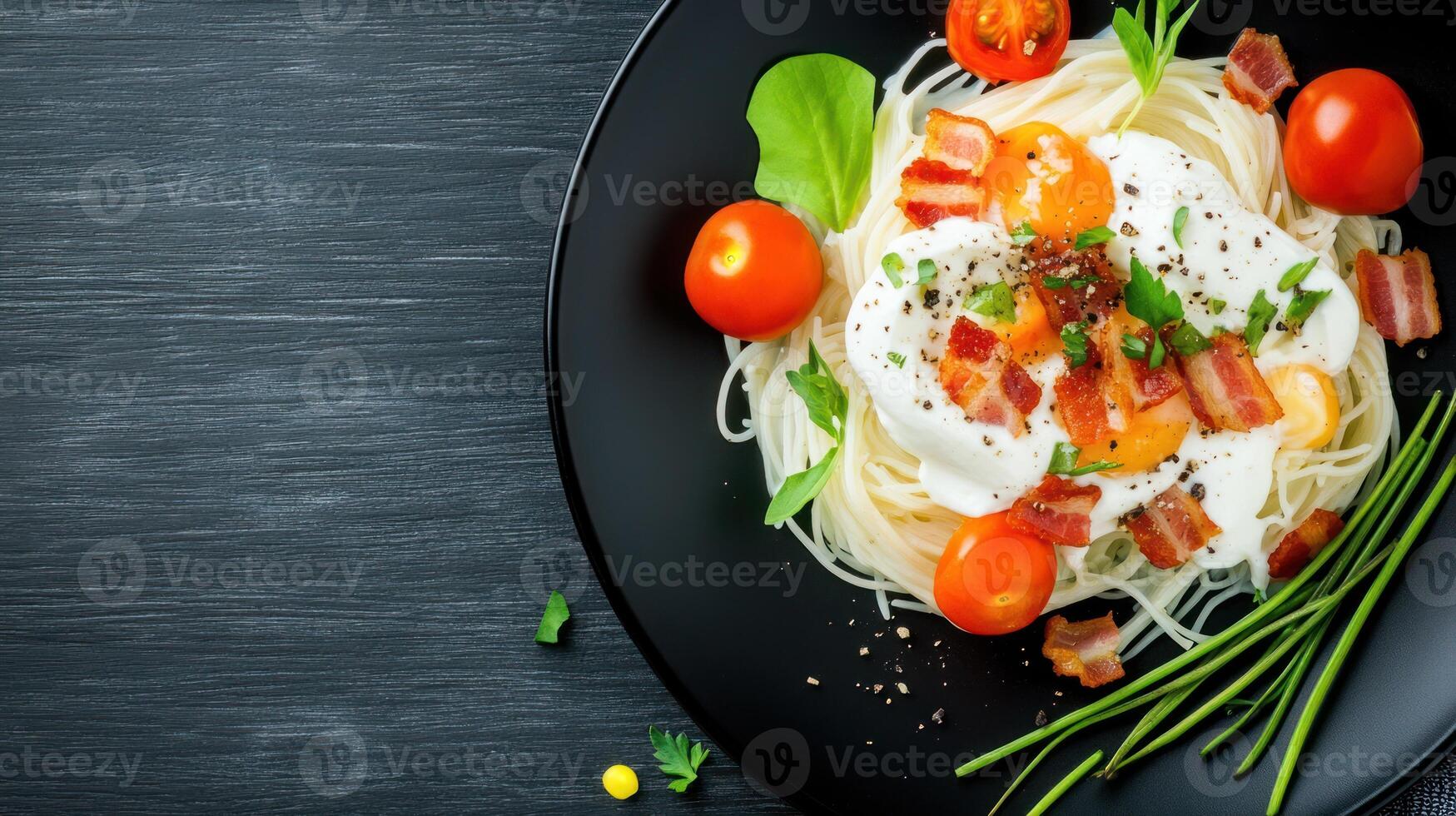 Pasta with poached egg and bacon. Close up, food concept, home made cooking, delicious meal photo