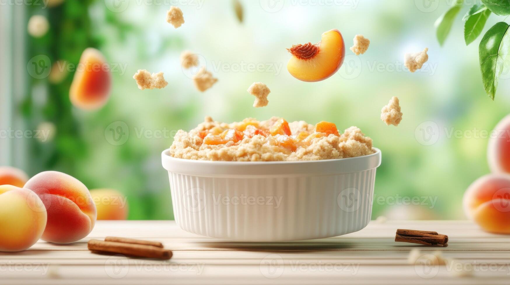 Peach oatmeal floating above table by window for healthy breakfast and delicious balanced diet photo