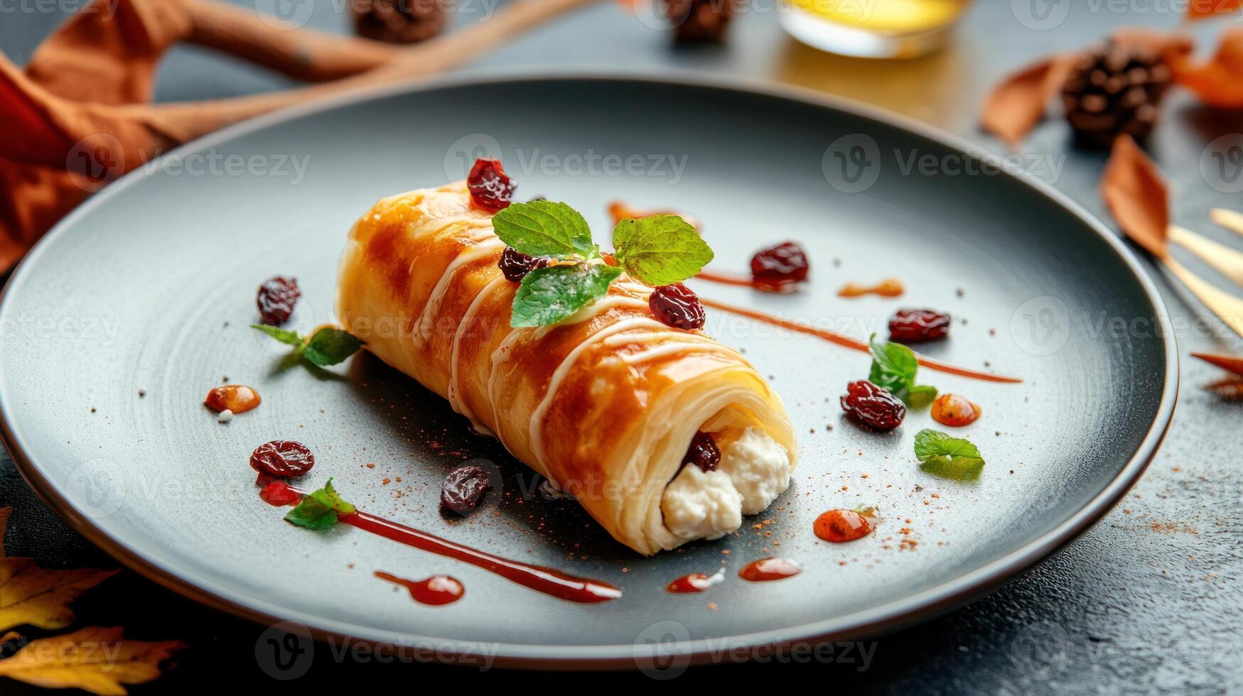 Pastry roll on plate, caramel drizzle, autumn setting. Use for restaurant menu or food blog promotion photo