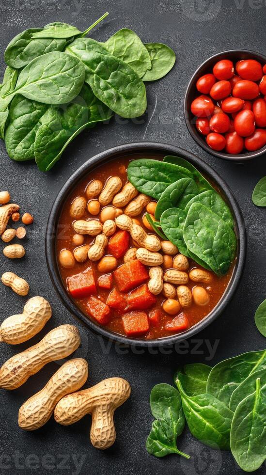 Peanut and spinach stew on black background. Healthy food shot for diet and nutrition guides photo