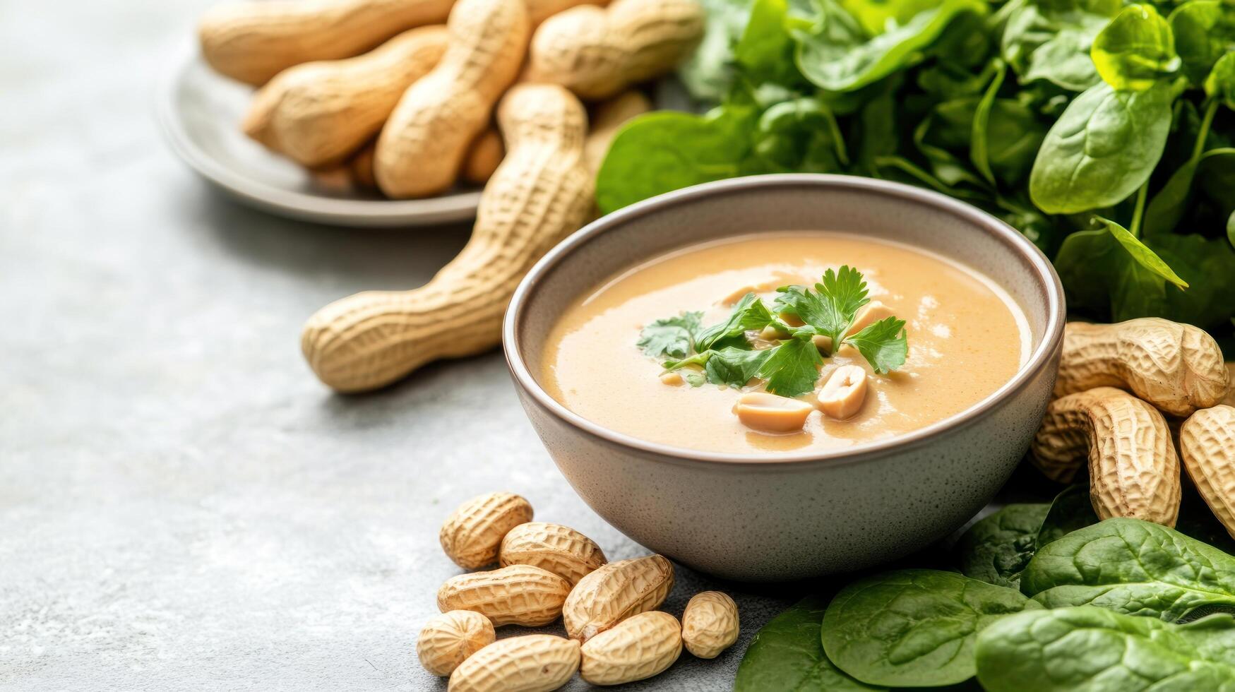 Peanut soup garnished with parsley served in a bowl. Nuts and spinach in the background. Healthy eating photo