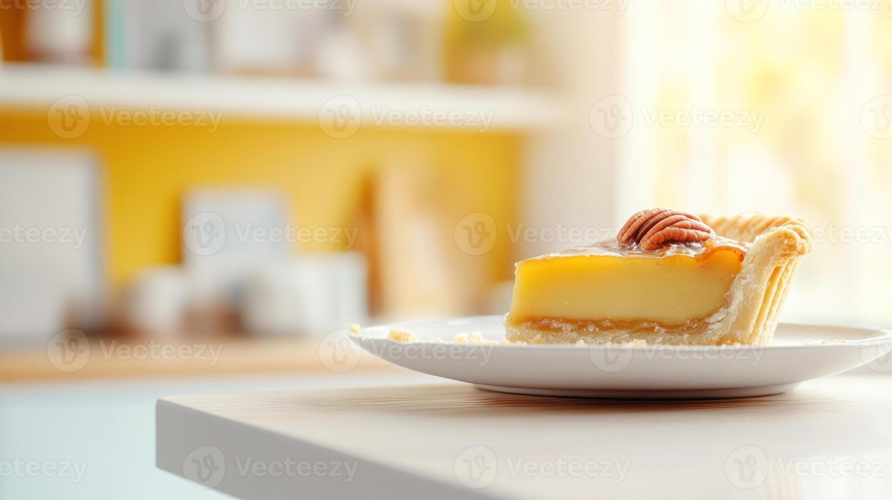 Pecan pie piece served on a plate on a kitchen table for dessert or menu photo