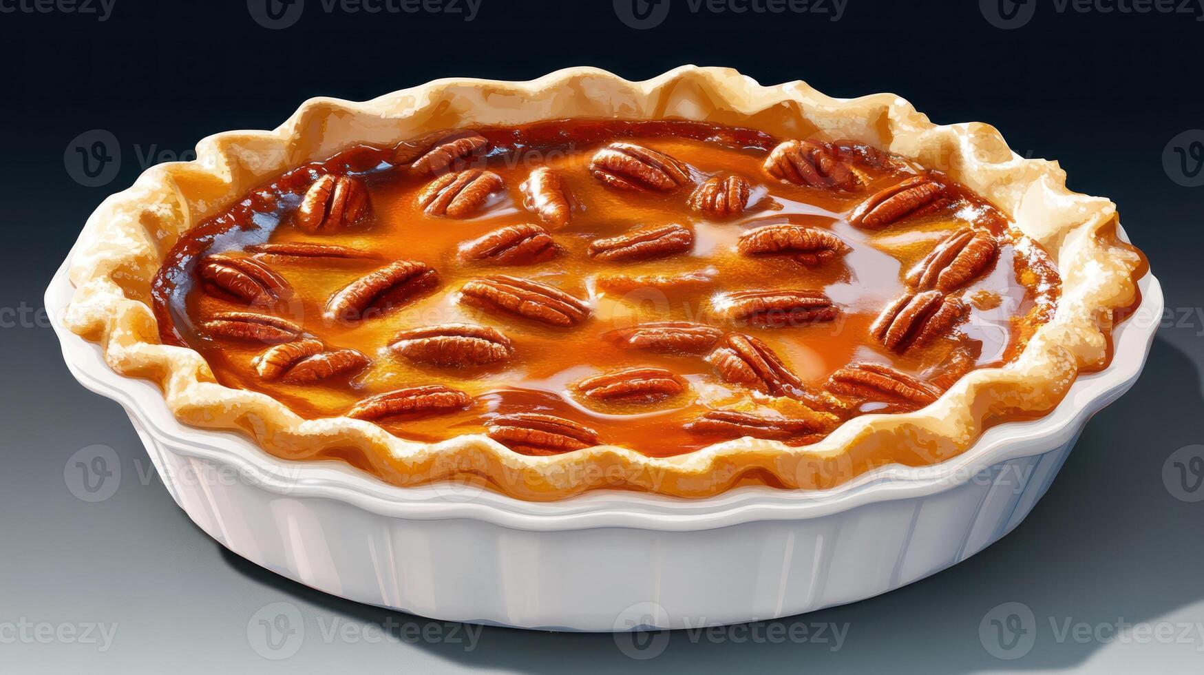 Pecan pie in dish. Dessert bake background. Culinary delight, sweet tooth satisfaction photo