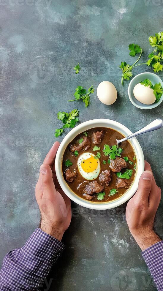 Person holds chicken liver soup with egg. Parsley on counter. Healthy meal. Food blog photo