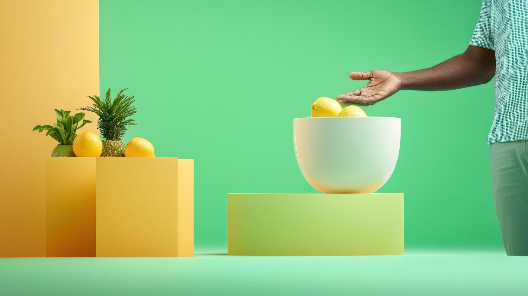 Person presenting lemons and pineapple on cubes bright green background. For commercial use photo