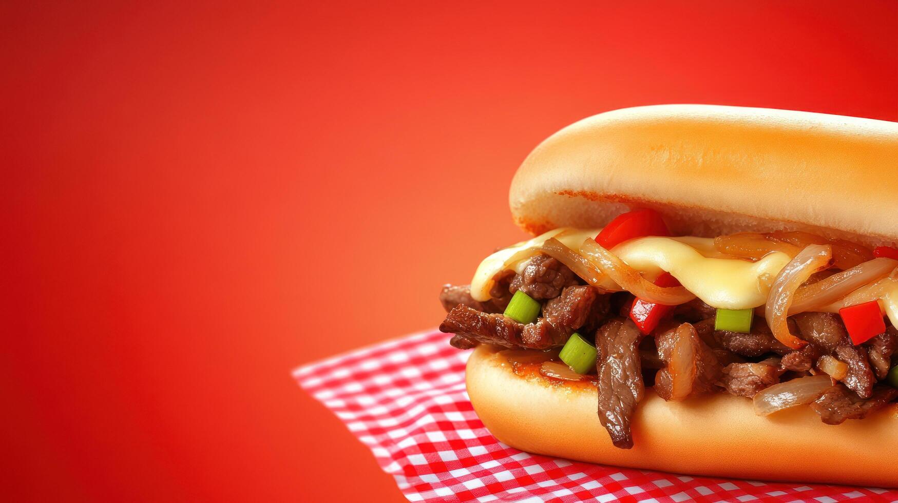 Philly cheesesteak on a red background, food photography for menu, recipe, and restaurant use photo