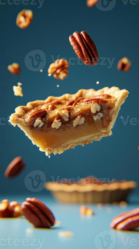 Pecan pie slice hovers, with pecans falling on table, for recipe, food blog, holiday photo