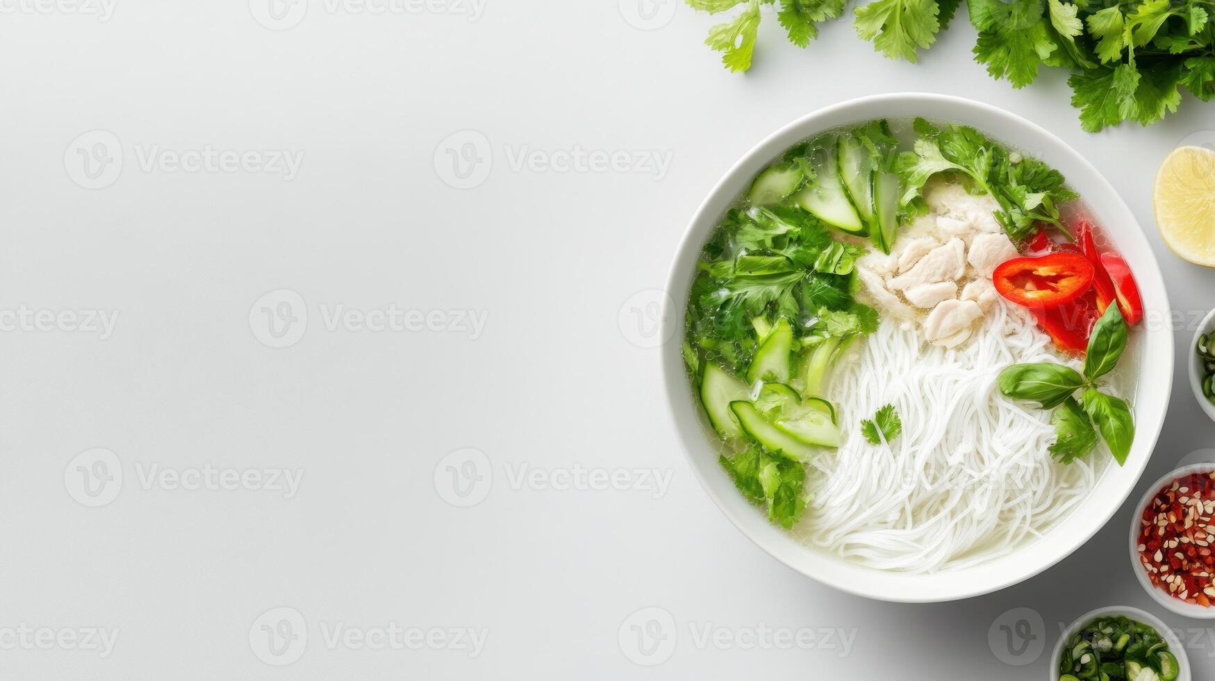 Pho Soup bowl with chicken and vegetables on white, flat lay for meal ideas and menu photo
