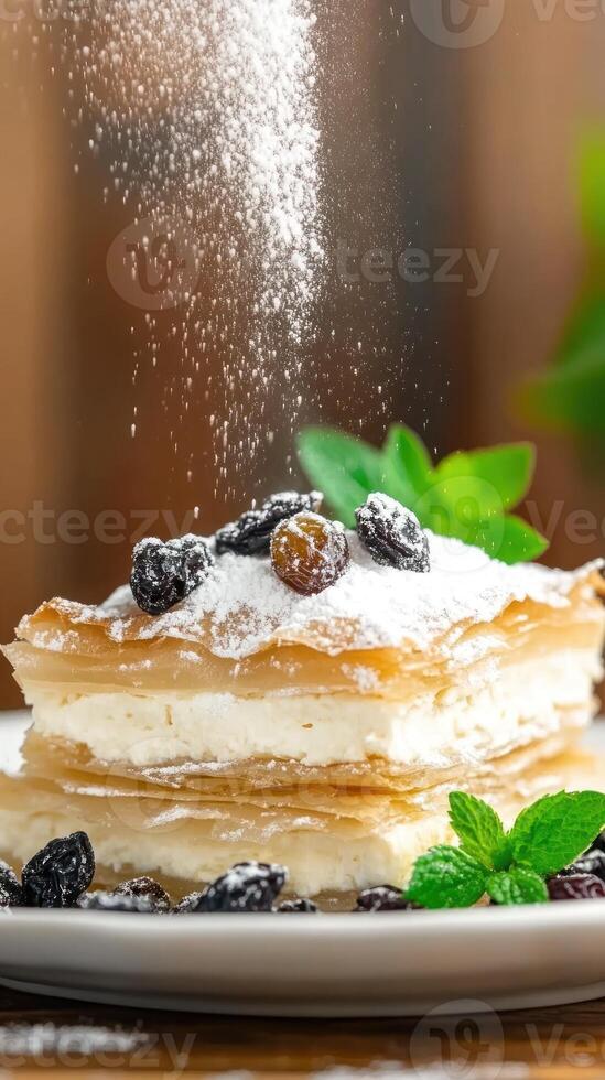 Phyllo pastries stack dusted with powdered sugar on a white plate used for bakery ad photo