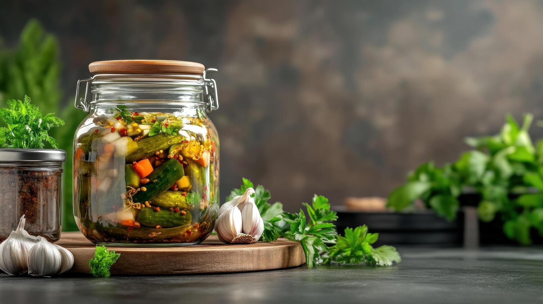 Pickled cucumbers in jar on board with garlic herbs for sale photo
