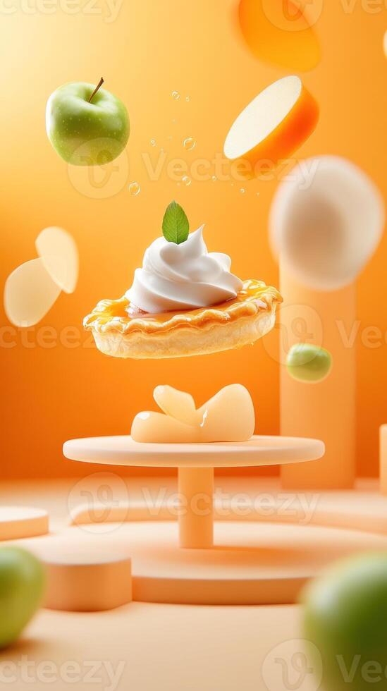 Pie on stand with falling apples. Modern food photo for dessert menus and cookbooks