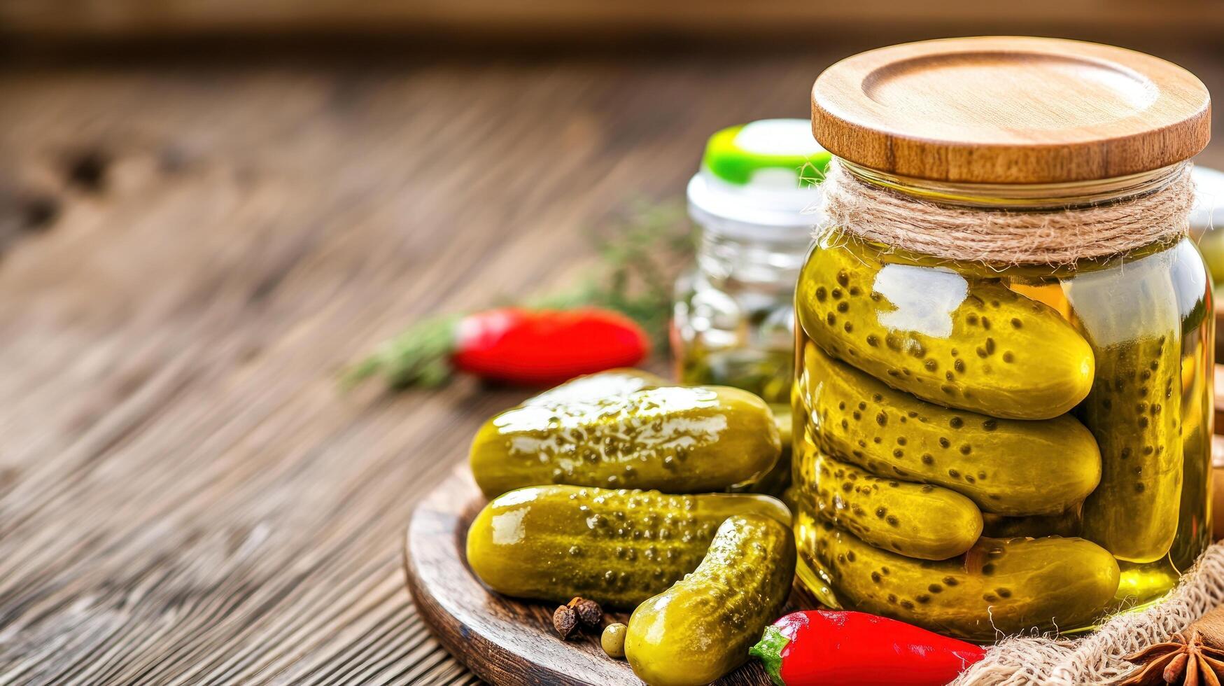 Pickles in a jar with peppers on a wooden surface, rustic style, food photography, healthy photo