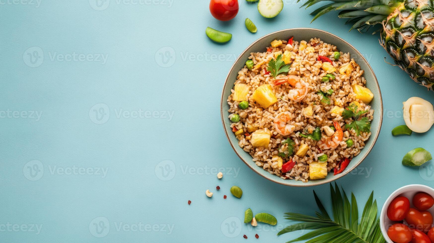 Pineapple fried rice with shrimp. Summer meal with fresh vegetables and herbs on a light blue table photo