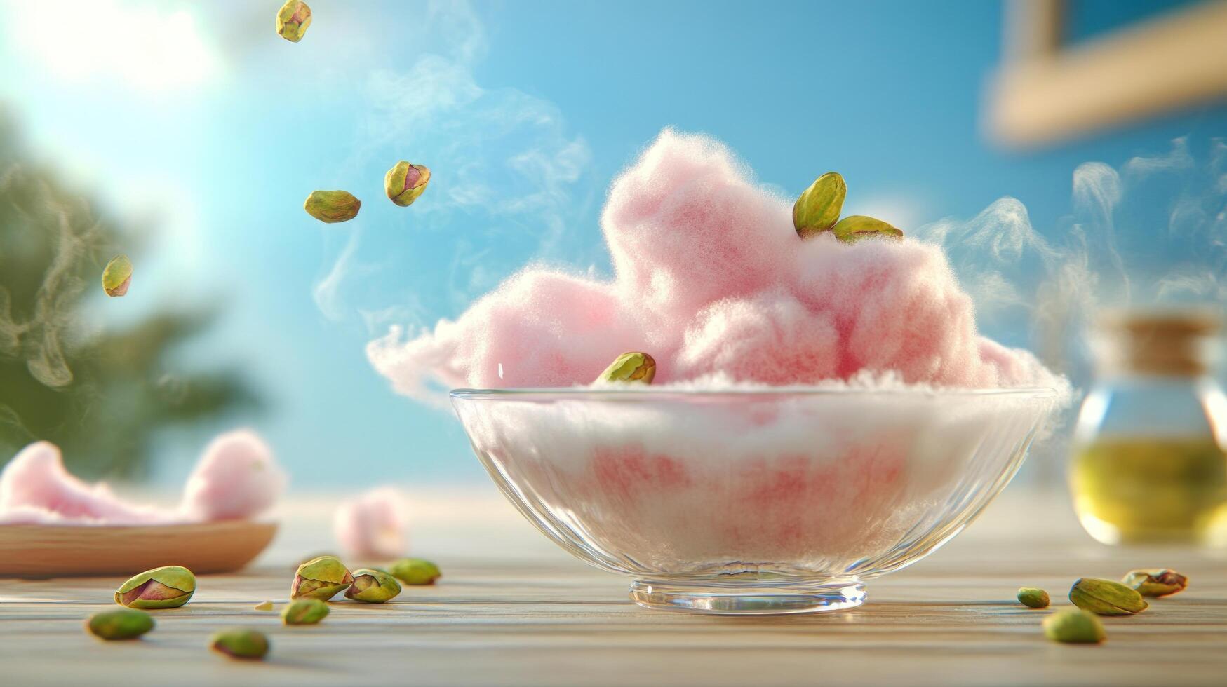 Pink cotton candy topped with pistachios sits on a table, with a bright sky in the background photo